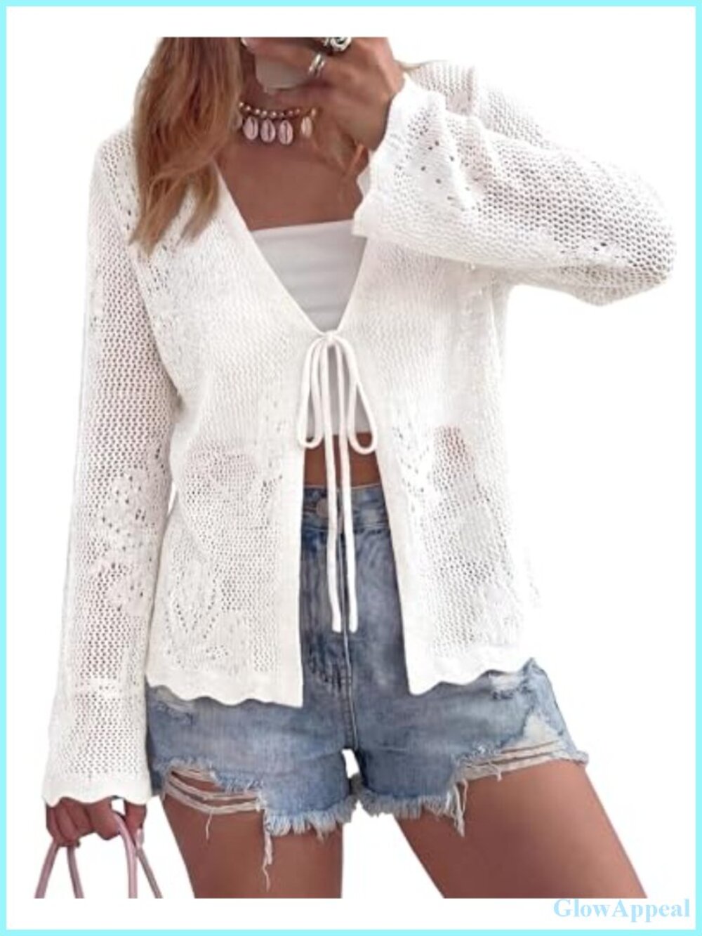 Crochet Knit Cardigan Women Lightweight Long Bell Sleeve V-Neck Tie Front Loose